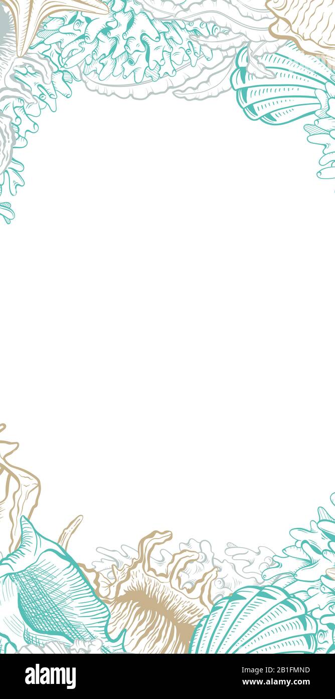 Telaio Verticale Con Conchiglie. Poster vettoriale isolato con disegno di contorno conchiglie marine per il disegno di nozze e grazie modelli di schede. Illustrazione Vettoriale