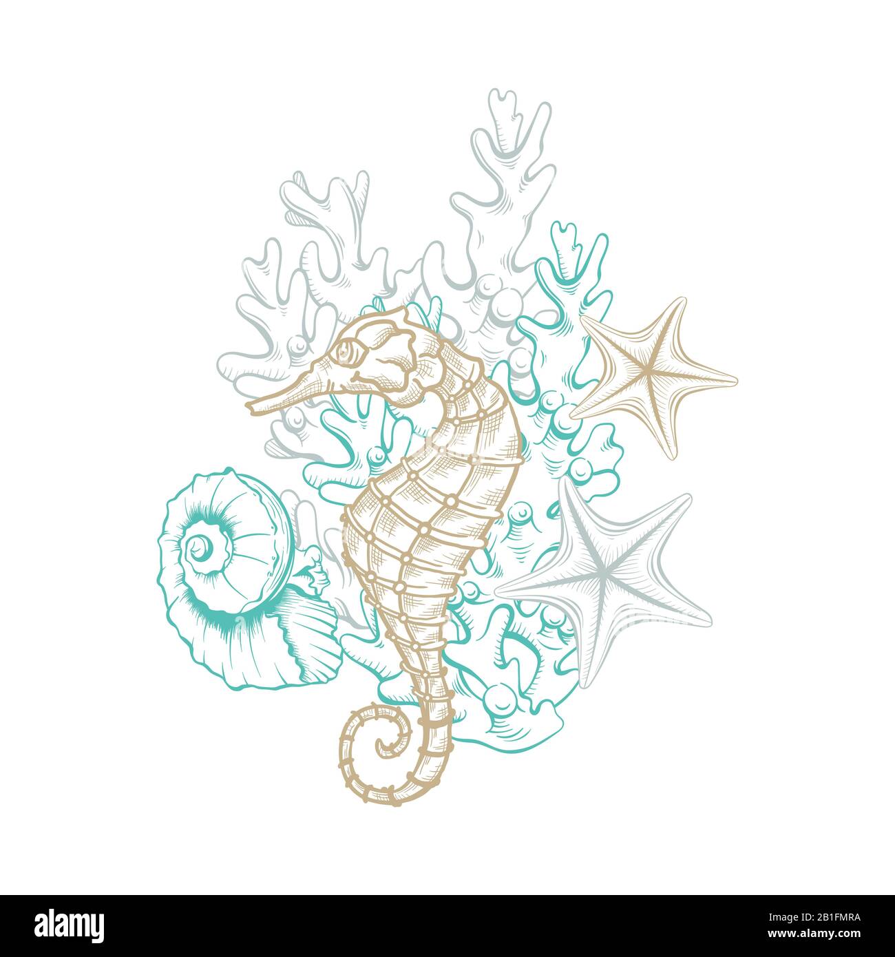 Ocean e mare marine linea arte, vettore cavalluccio marino, stelle marine e conchiglie nella barriera corallina. Linea di schizzo dorata, decorazione di opere d'arte marine, grafica di disegno in stile da cova, elementi sottomarini isolati Illustrazione Vettoriale