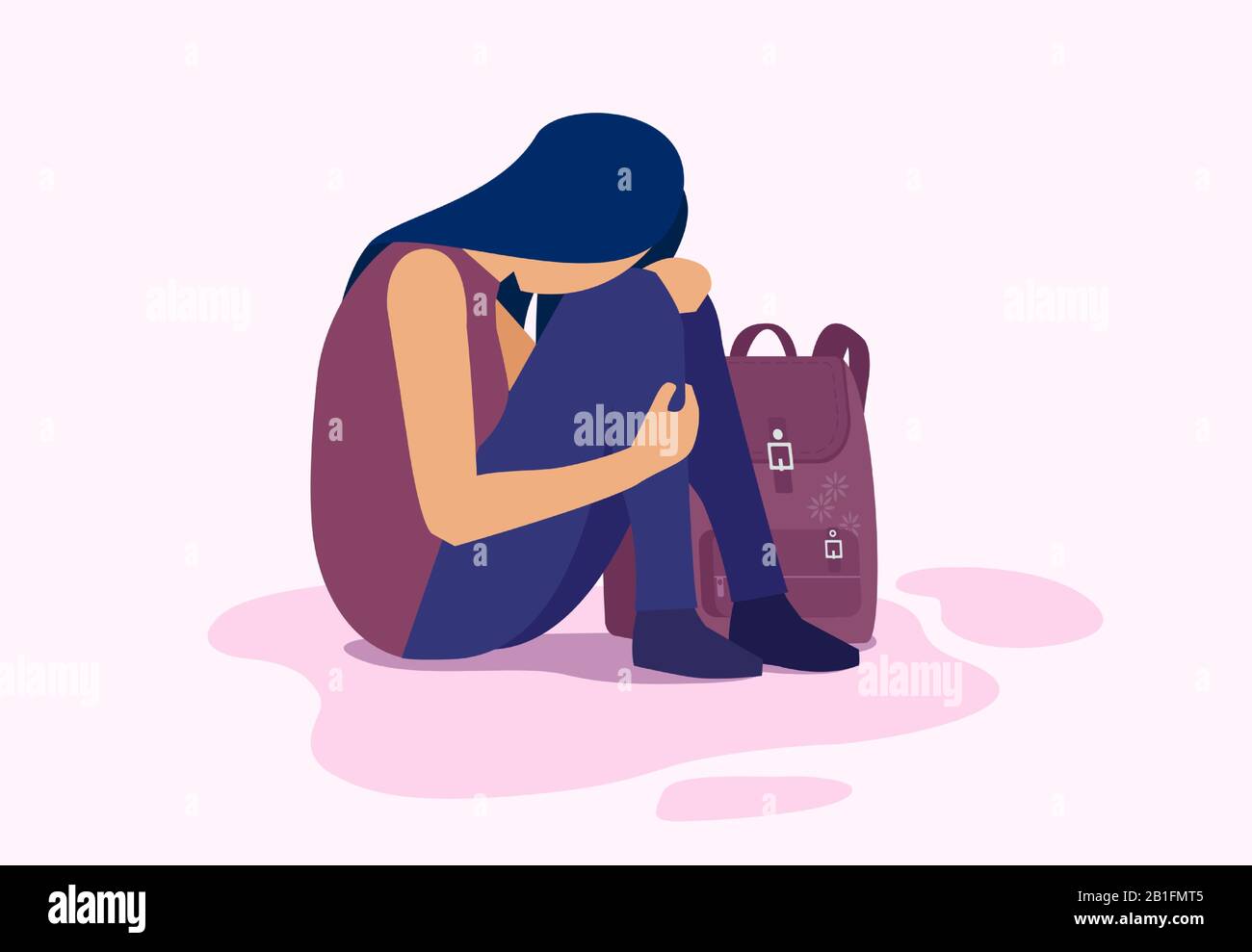 Vettore di una ragazza depressa triste seduta sul pavimento, studente con zaino. Illustrazione Vettoriale