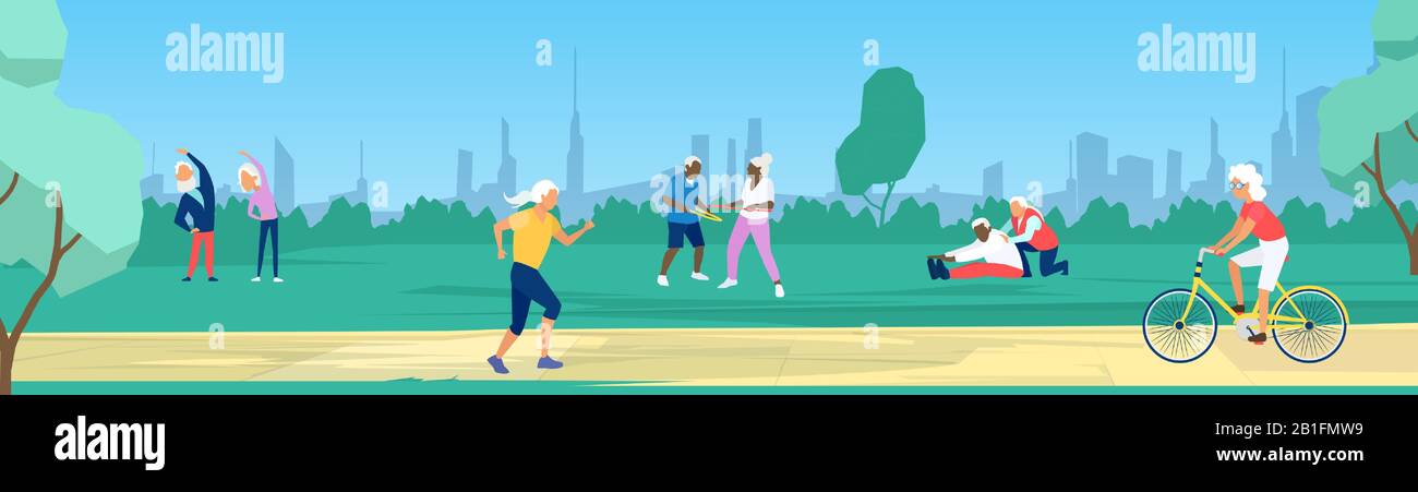 Vettore di persone anziane esercizio, corsa, ciclismo nel parco su uno sfondo urbano Illustrazione Vettoriale
