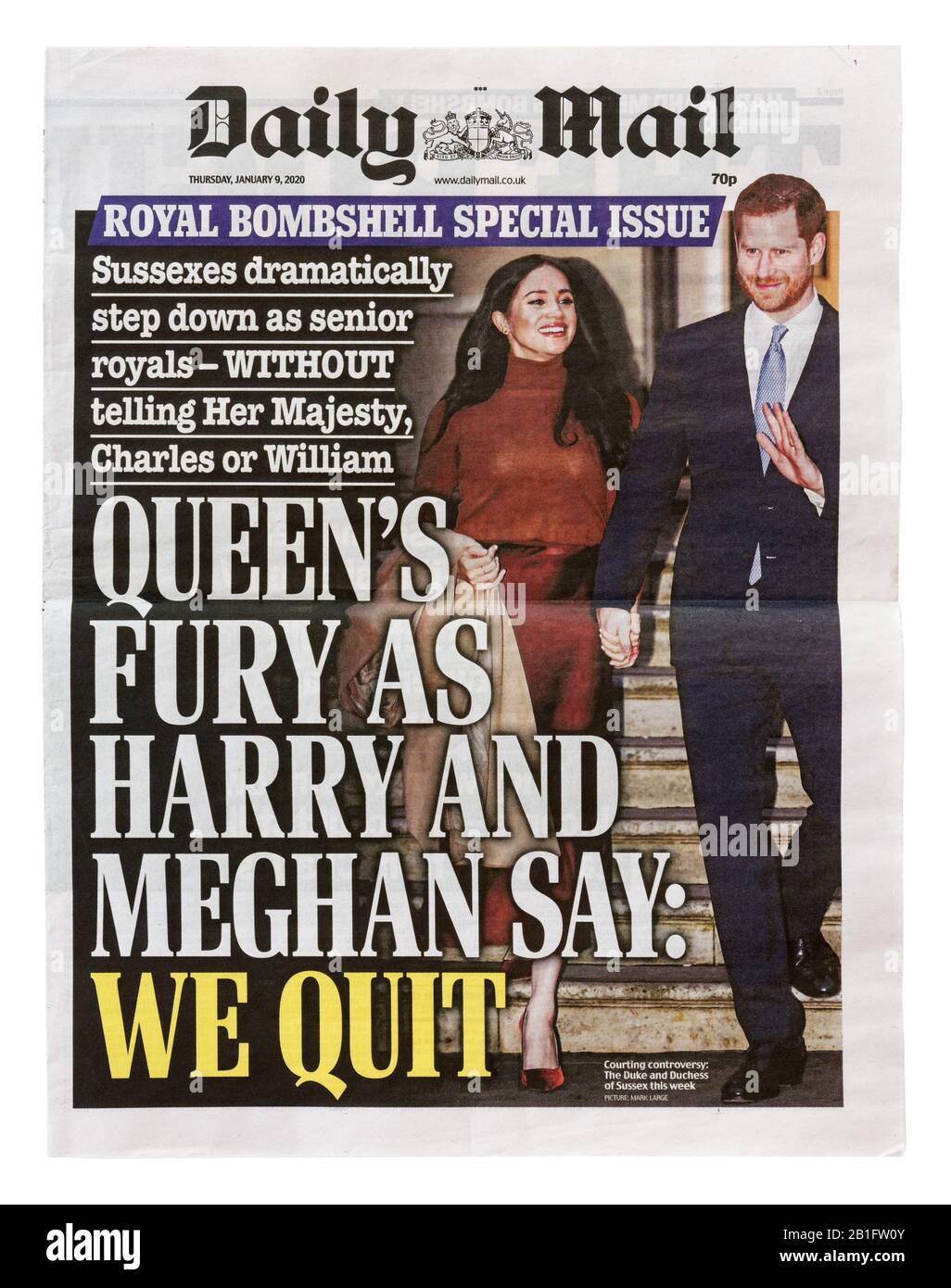 Daily Mail da 9th Gennaio 2020 con la Headline 'Queen's Fury e Harry & Meghan Dire: Noi uscire' Foto Stock