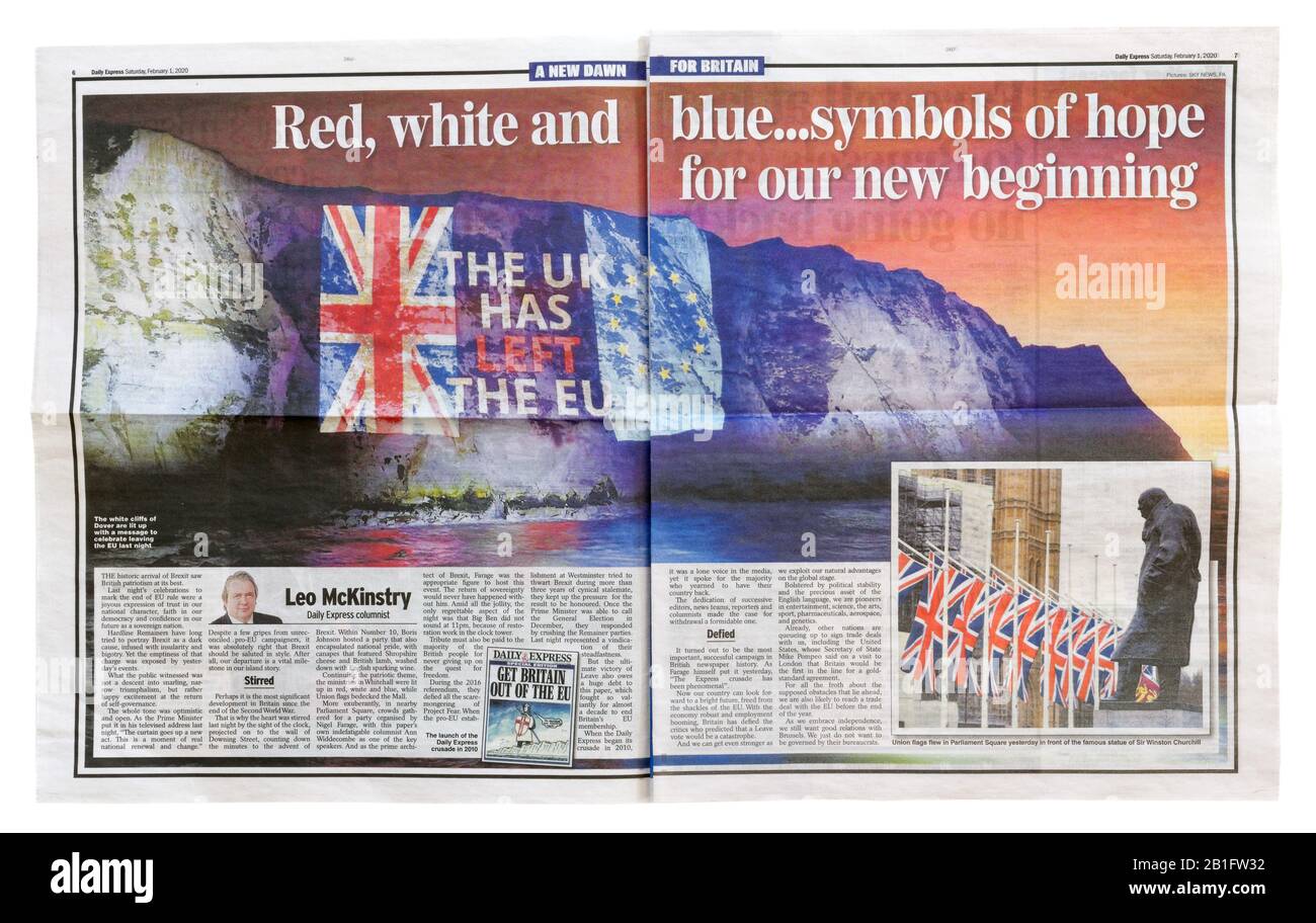 Il Daily Express dal 1st febbraio 2020 con l'Headline Brexit "White & Blue rosso - simboli della speranza" Foto Stock