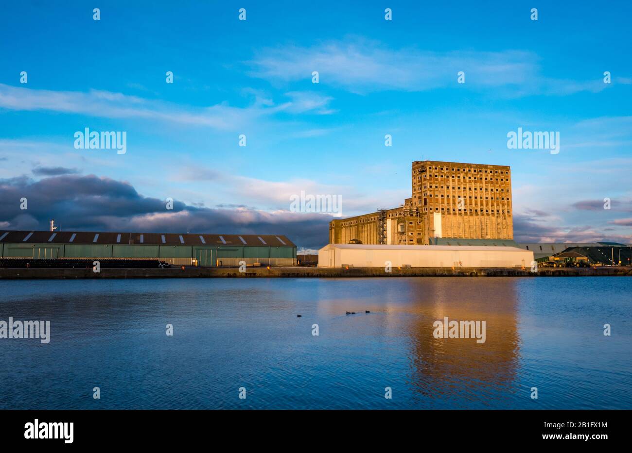 Leith, Edimburgo, Scozia, Regno Unito. 25 Feb 2020. Regno Unito Meteo: Il sole al crepuscolo illumina un grande edificio industriale di silo granulare che si riflette nell'acqua di Imperial Dock, porto di Leith Foto Stock