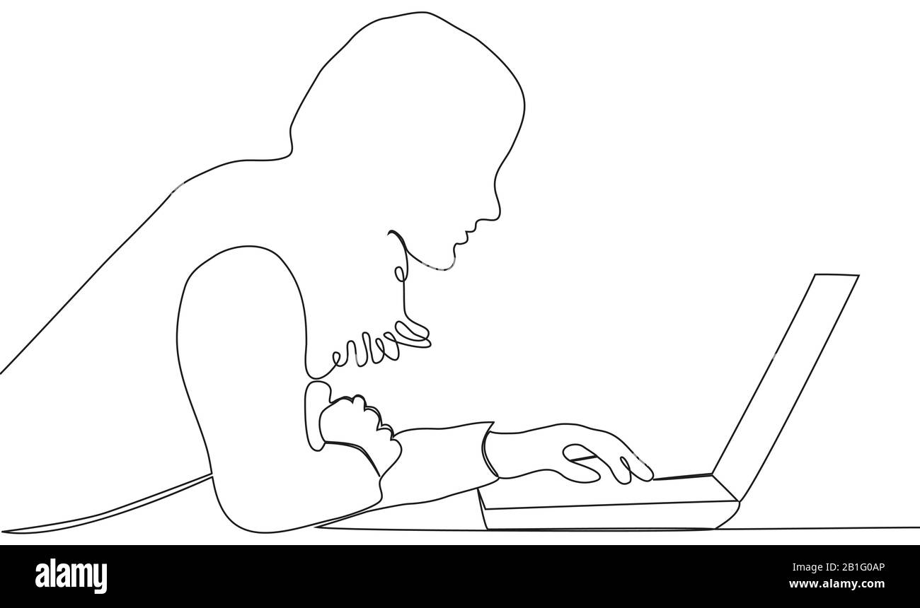 disegno continuo di linea della donna seduta con il laptop del calcolatore. Illustrazione Vettoriale