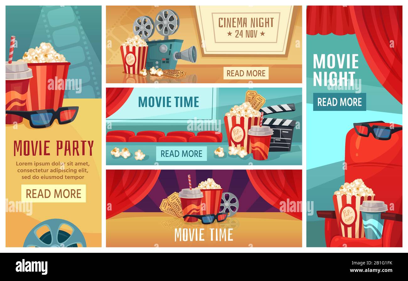 Banner cinema cartoon. Biglietti per la notte dei film, cinema popcorn e proiettore 3d striscioni vettore illustrazione set Illustrazione Vettoriale
