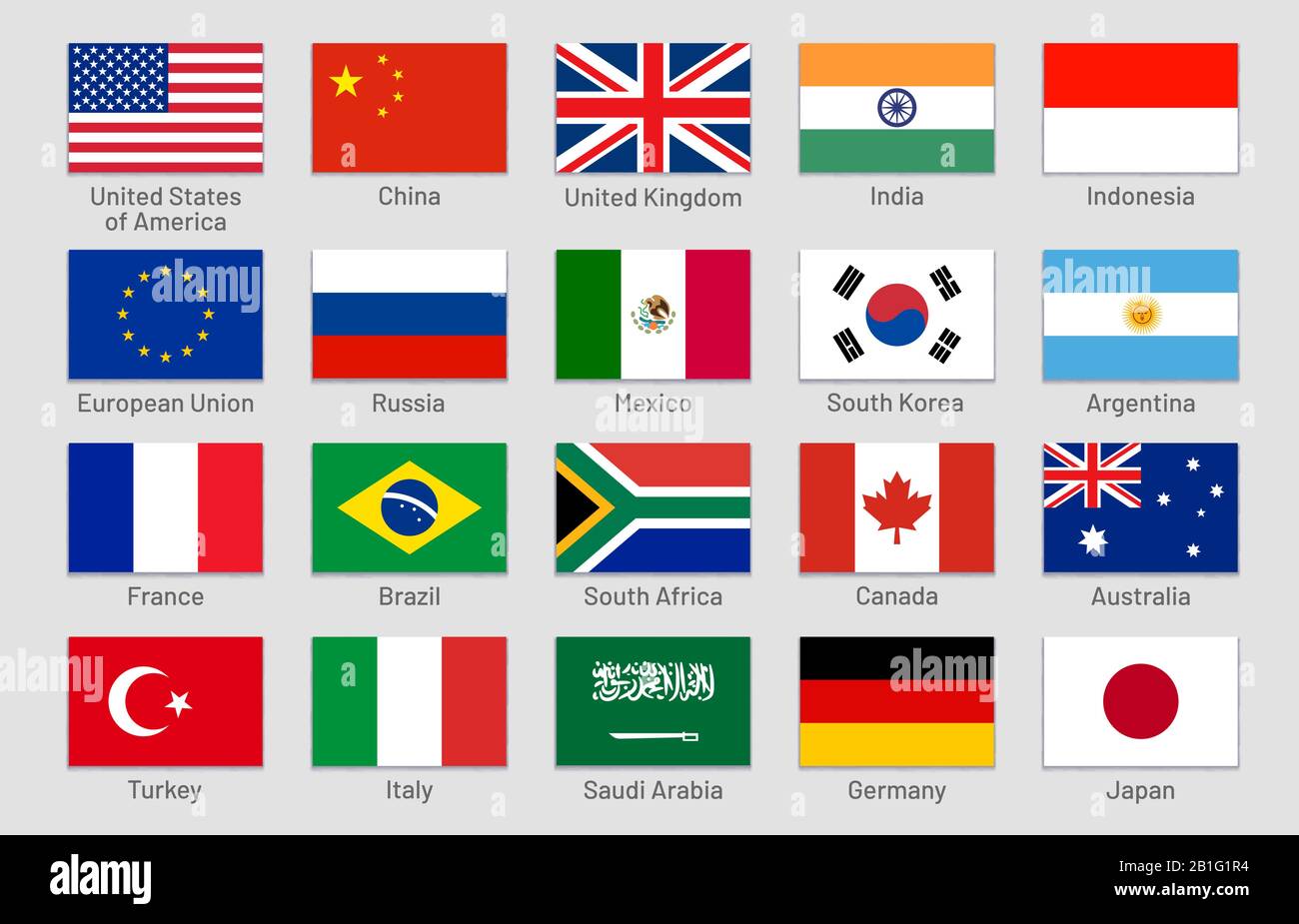 Bandiere dei paesi G20. Principali stati delle economie avanzate ed emergenti a livello mondiale, gruppo ufficiale Di Venti etichette di bandiera vettore set Illustrazione Vettoriale