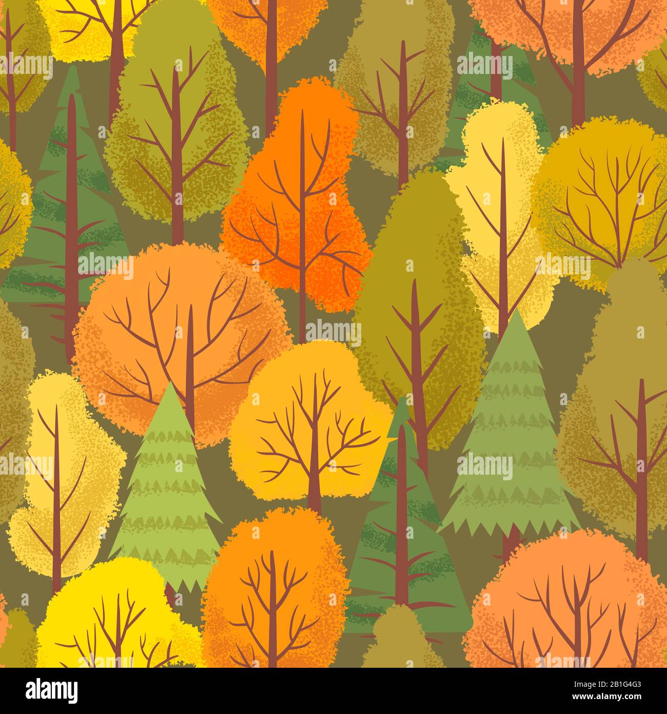 Senza giunture autunno foresta alberi modello. Variopinto albero della foresta, piante del parco all'aperto e immagine minimalista dello sfondo vettoriale floreale Illustrazione Vettoriale