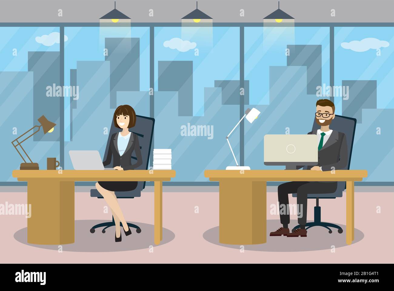 Caucasici uomini d'affari in Cartoon ufficio Moderno, uomo d'affari e donna d'affari, illustrazione vettoriale Illustrazione Vettoriale