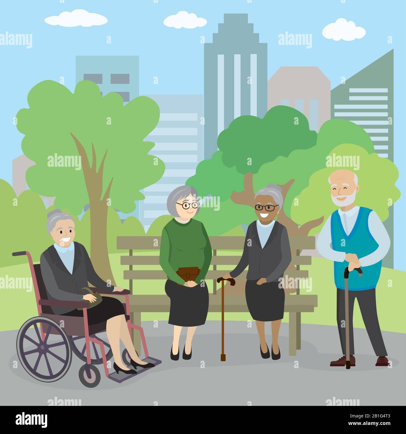 Persone anziane nel parco, Nonna in sedia a rotelle, vecchie Signore sono seduti sulla panca e nonno si trova accanto, cartone animato vettore illustrazione Illustrazione Vettoriale