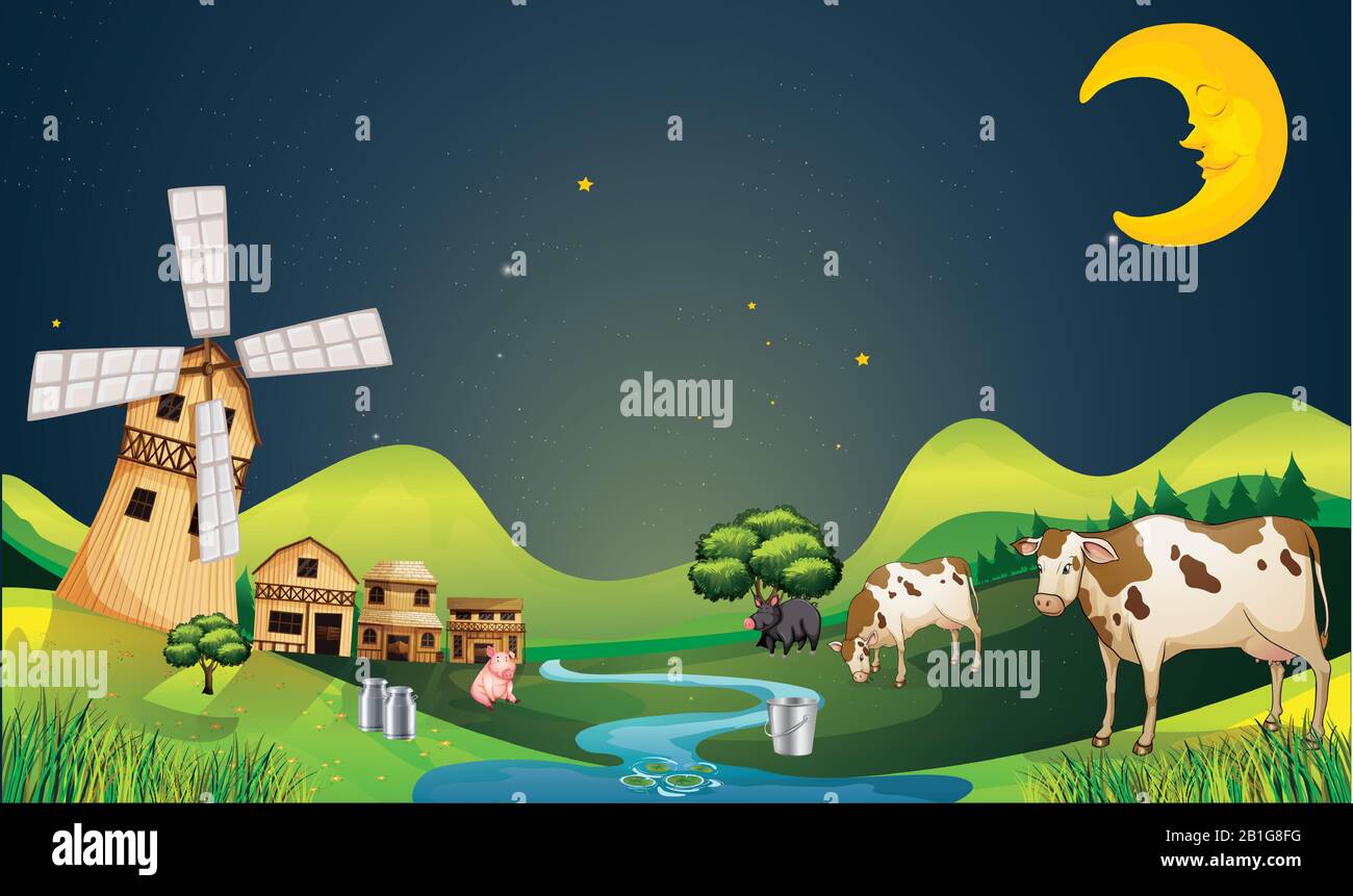 le mucche stanno pascolando lungo il fiume per il villaggio Illustrazione Vettoriale