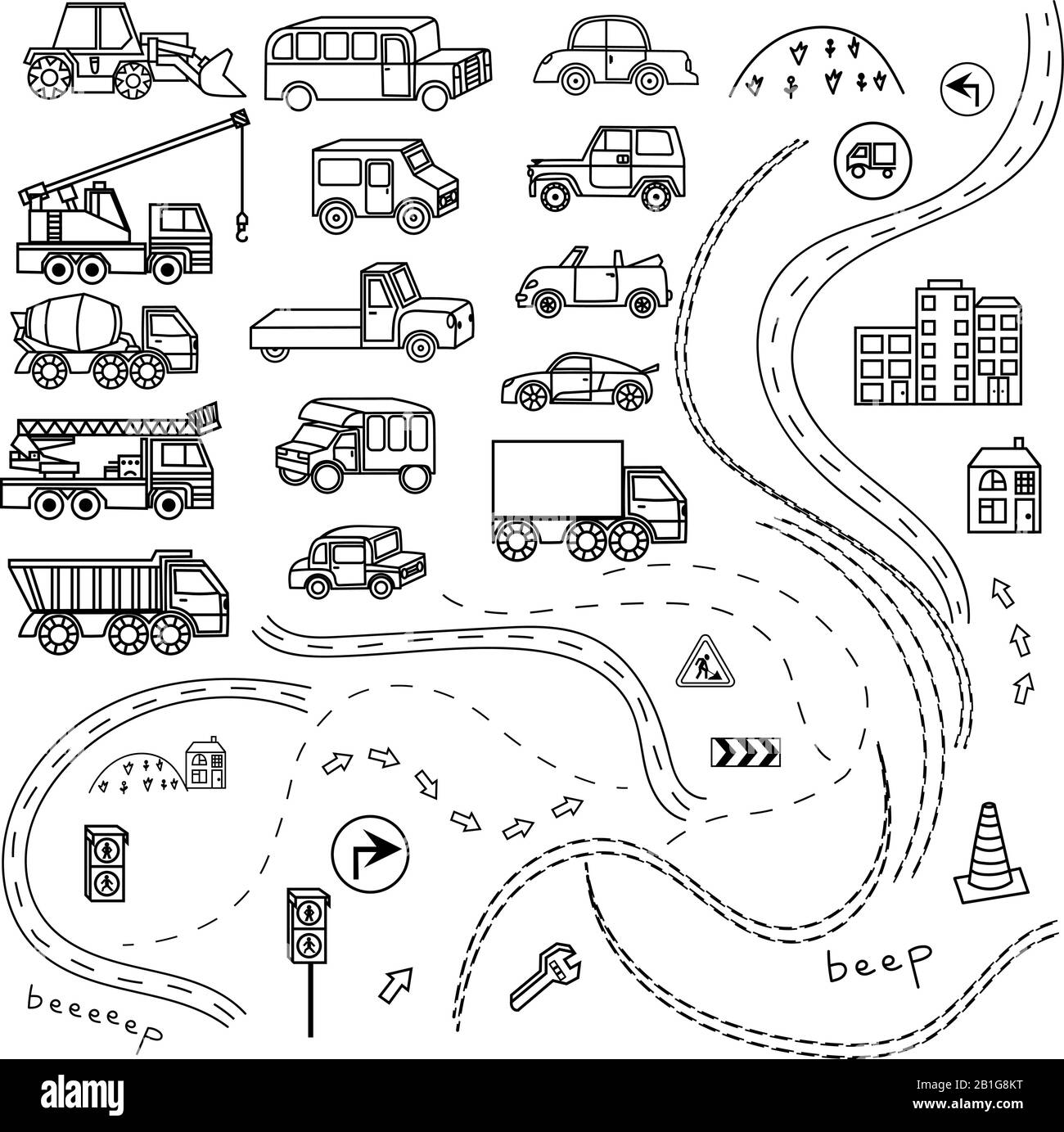 set di sfondo nero e bianco cartoon auto, libro da colorare, disegno monocromatico. Auto in bianco e nero su sfondo bianco. Per la progettazione di wallpa Illustrazione Vettoriale