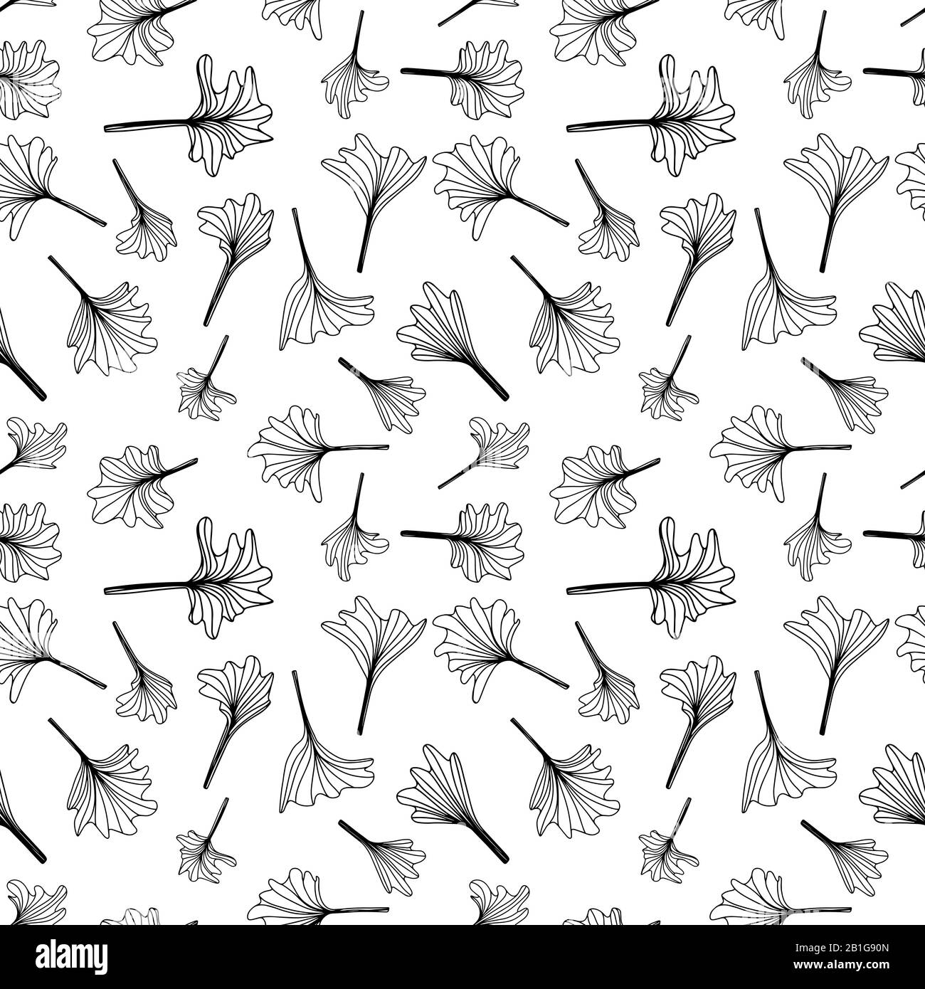 Modello di doodle senza cuciture con foglie di Gingko o Ginkgo biloba su sfondo bianco. Illustrazione Vettoriale