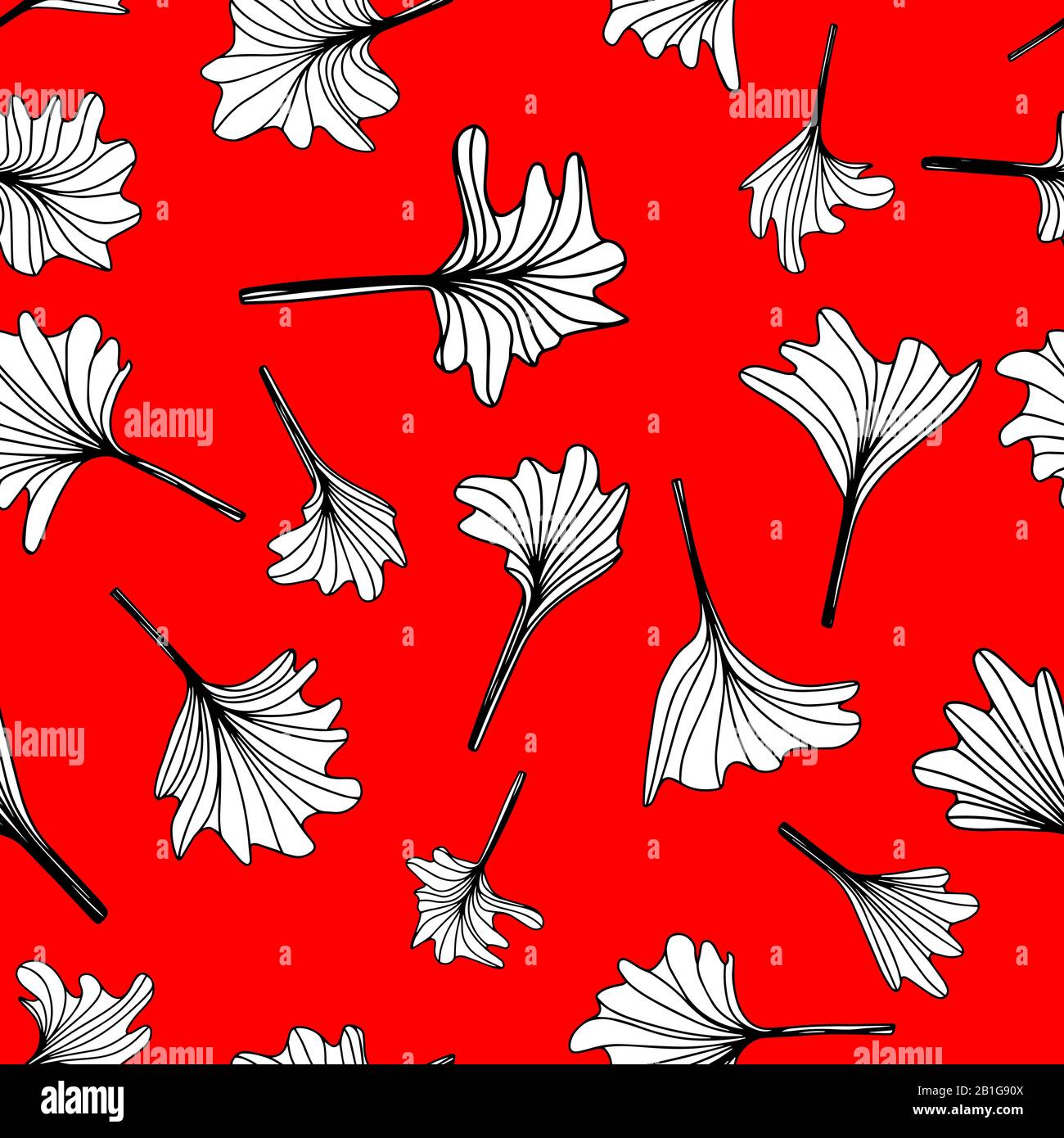 Modello di doodle senza cuciture con foglie di Ginkgo Biloba su sfondo rosso. Illustrazione Vettoriale