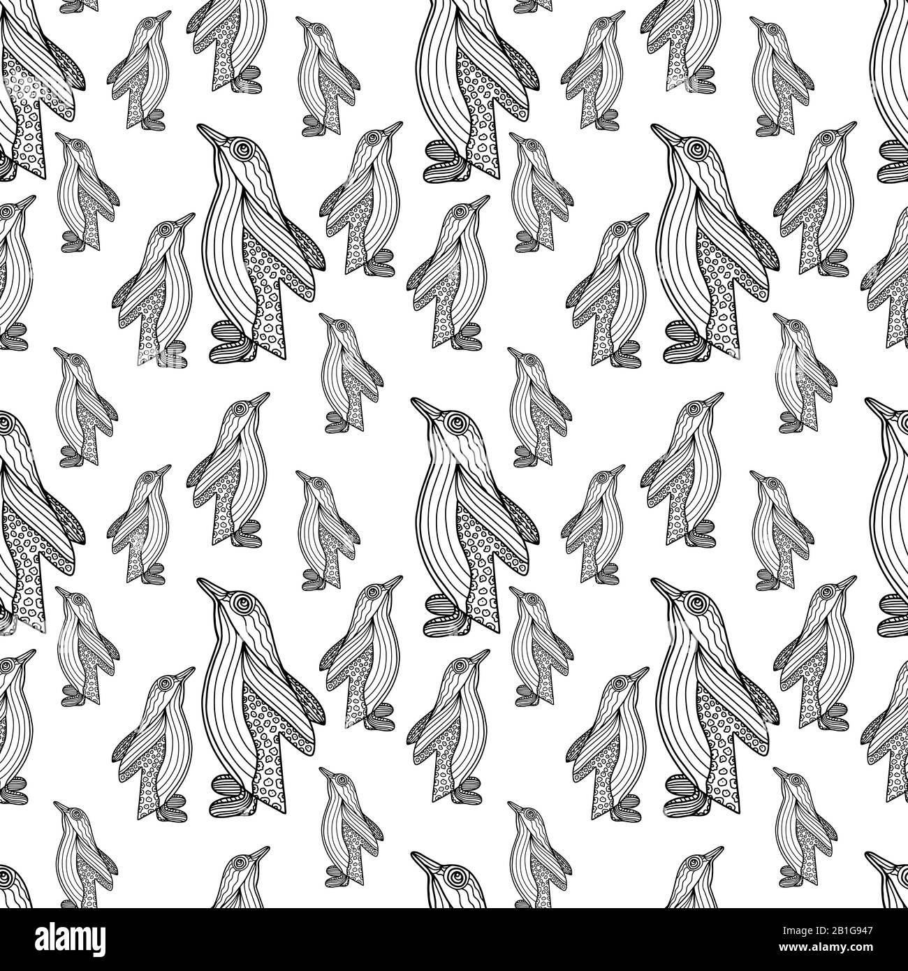 Motivo senza cuciture con pinguino in stile Zen isolato su sfondo bianco. Illustrazione del contorno del vettore. Doodle animali polari. Illustrazione Vettoriale