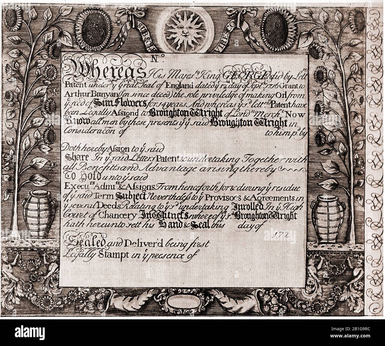 Un raro certificato di quota del 1720 rilasciato da Re Giorgio i d'Inghilterra per la produzione di olio da SEMI DI GIRASOLE, brevetto sotto il Grande Sigillo d'Inghilterra.I Nomi su certificato sono Arthur Bunyan (Deceduto) e Broughton Wright. Prima coltivata dagli indiani nativi americani, entro il 1716 la pianta venne all'attenzione in Gran Bretagna e fu concesso un brevetto inglese per la spremitura di olio dai semi di girasole. Presto i girasoli divennero popolari come pianta coltivata nei giardini britannici. Foto Stock