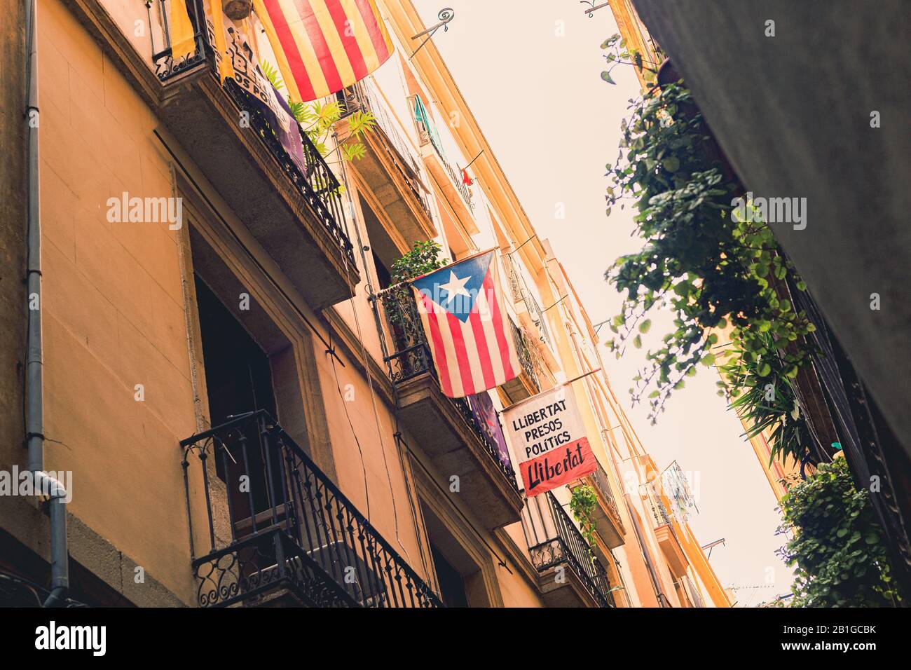 Bandiere catalane di indipendenza sui balconi a Barcellona, Spagna. Foto Stock