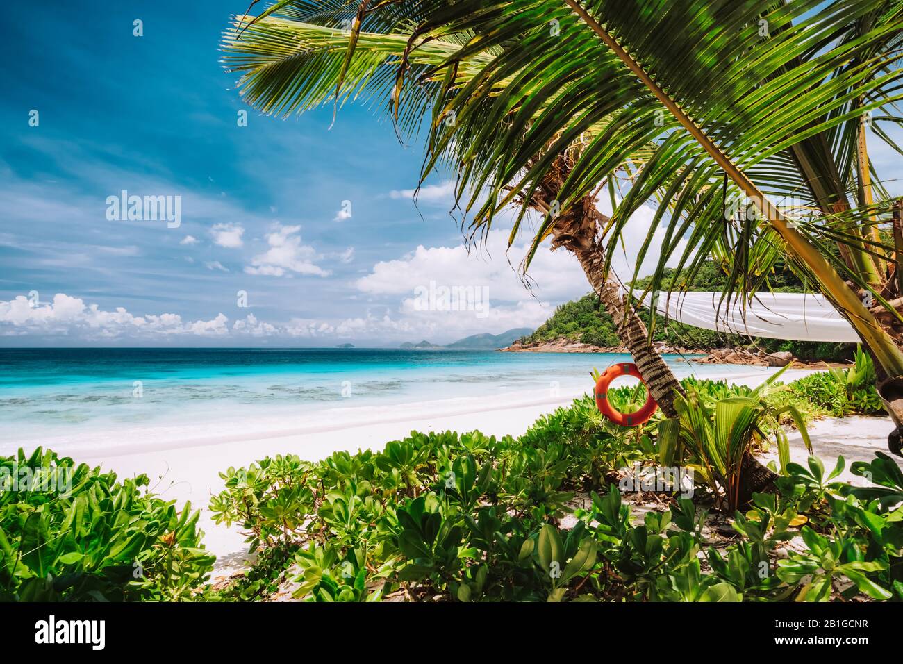 Scena tropicale di bella spiaggia di sabbia bianca, laguna turchese dell'oceano e fogliame. Vacanza in paradiso. Isola Di Mahe, Seychelles Foto Stock