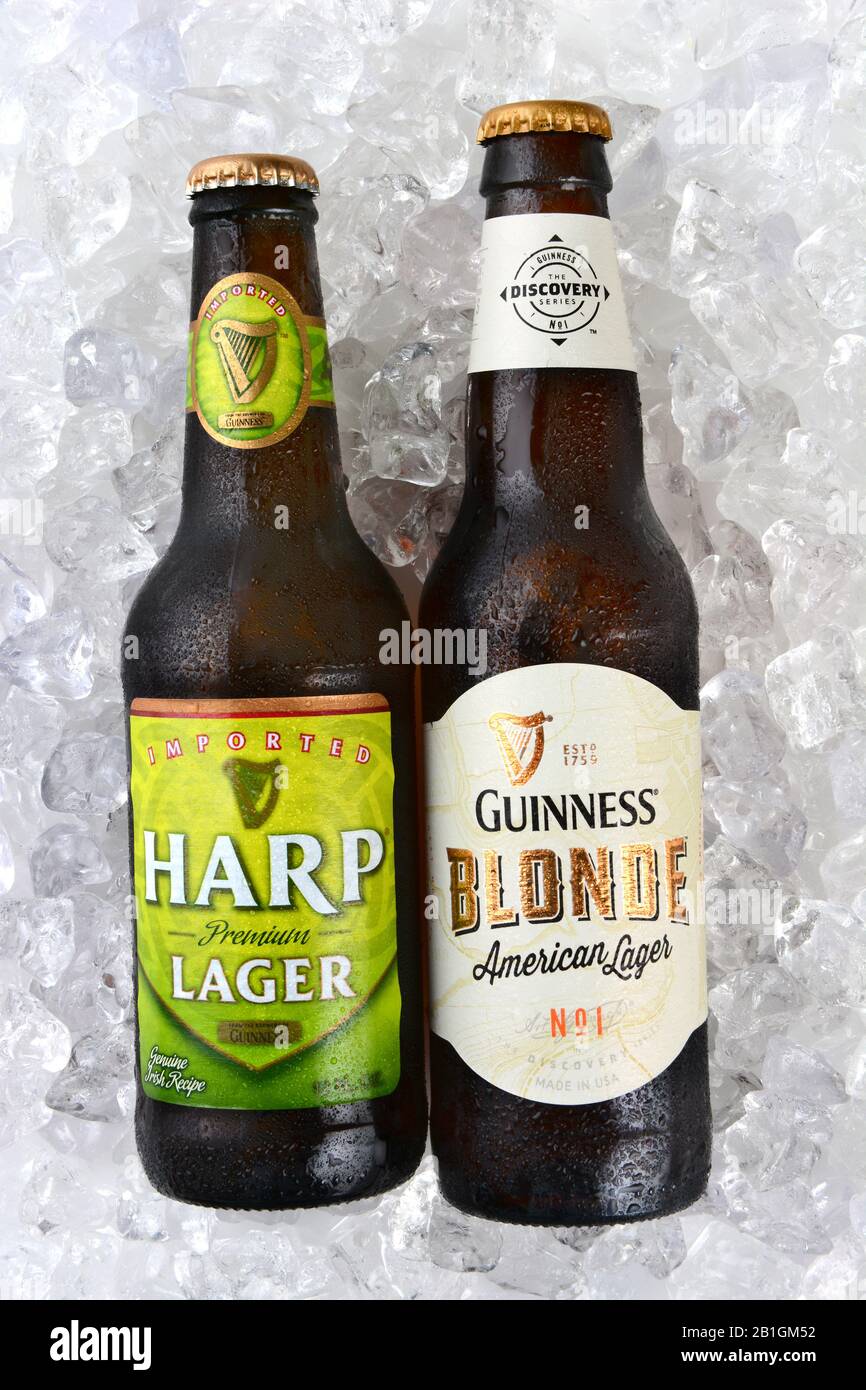 Irvine, CA - 11 GENNAIO 2015: Una bottiglia di Harp Lager e Guinness Blonde su un letto di ghiaccio. Entrambi i lager sono realizzati dalla Guinness Brewing Company a Dub Foto Stock