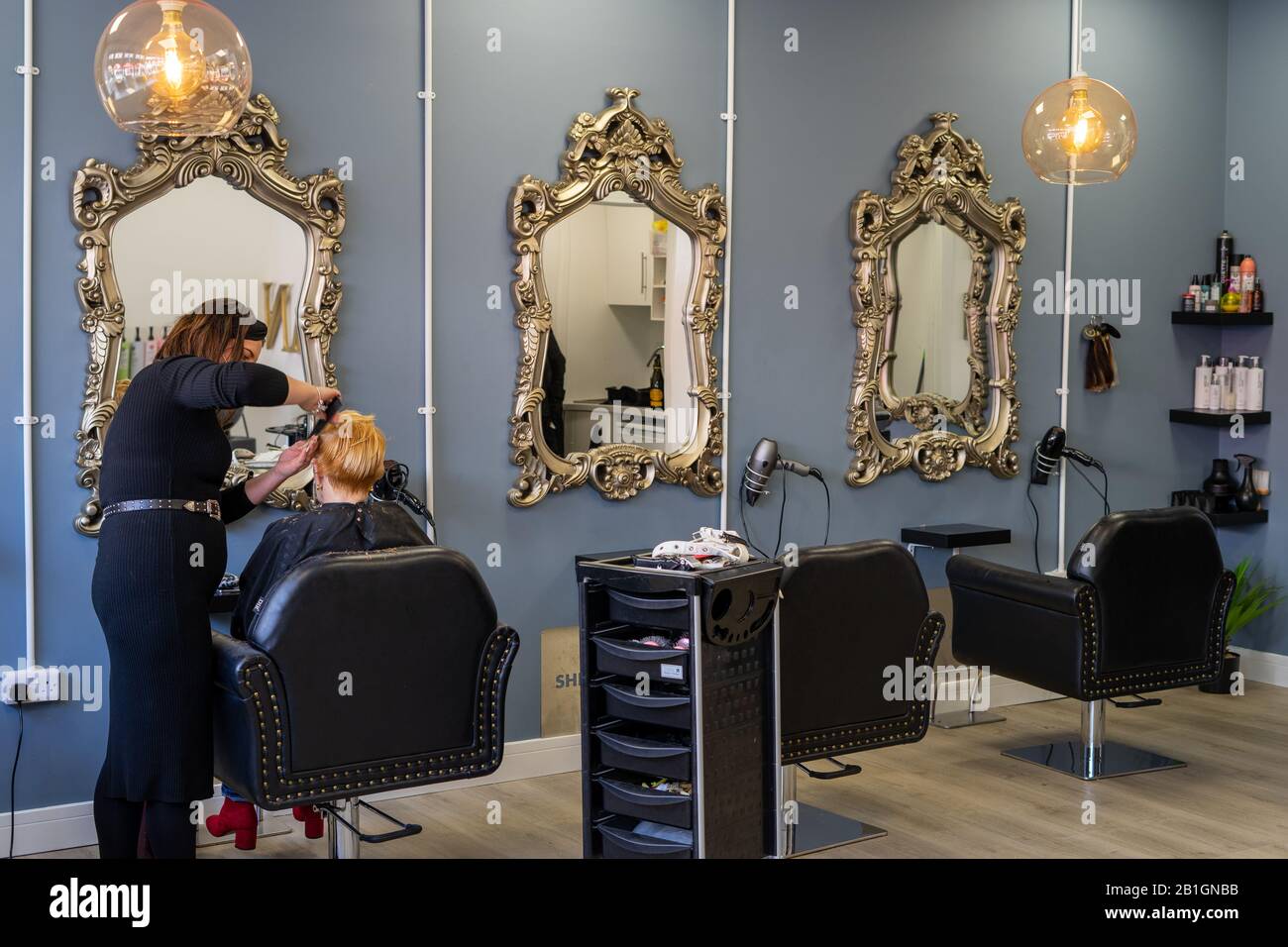 Un parrucchiere che styling un mezzo invecchiato capelli delle donne in un salone moderno o parrucchiere Foto Stock