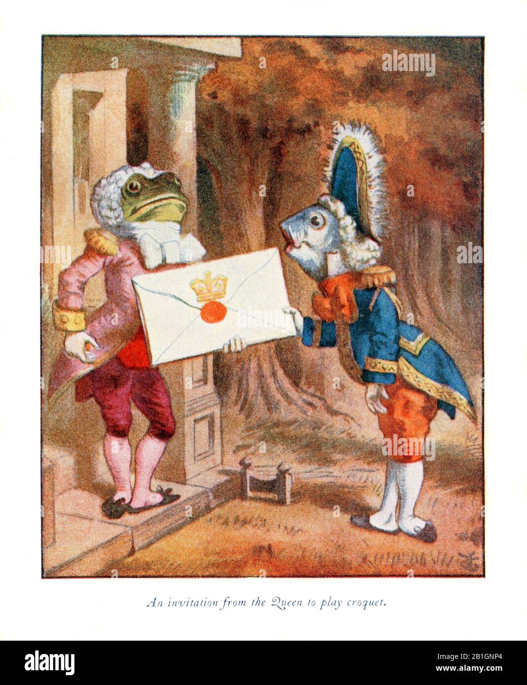 Un invito della regina a giocare croquet da Alice nel paese delle meraviglie di John Tenniel Foto Stock