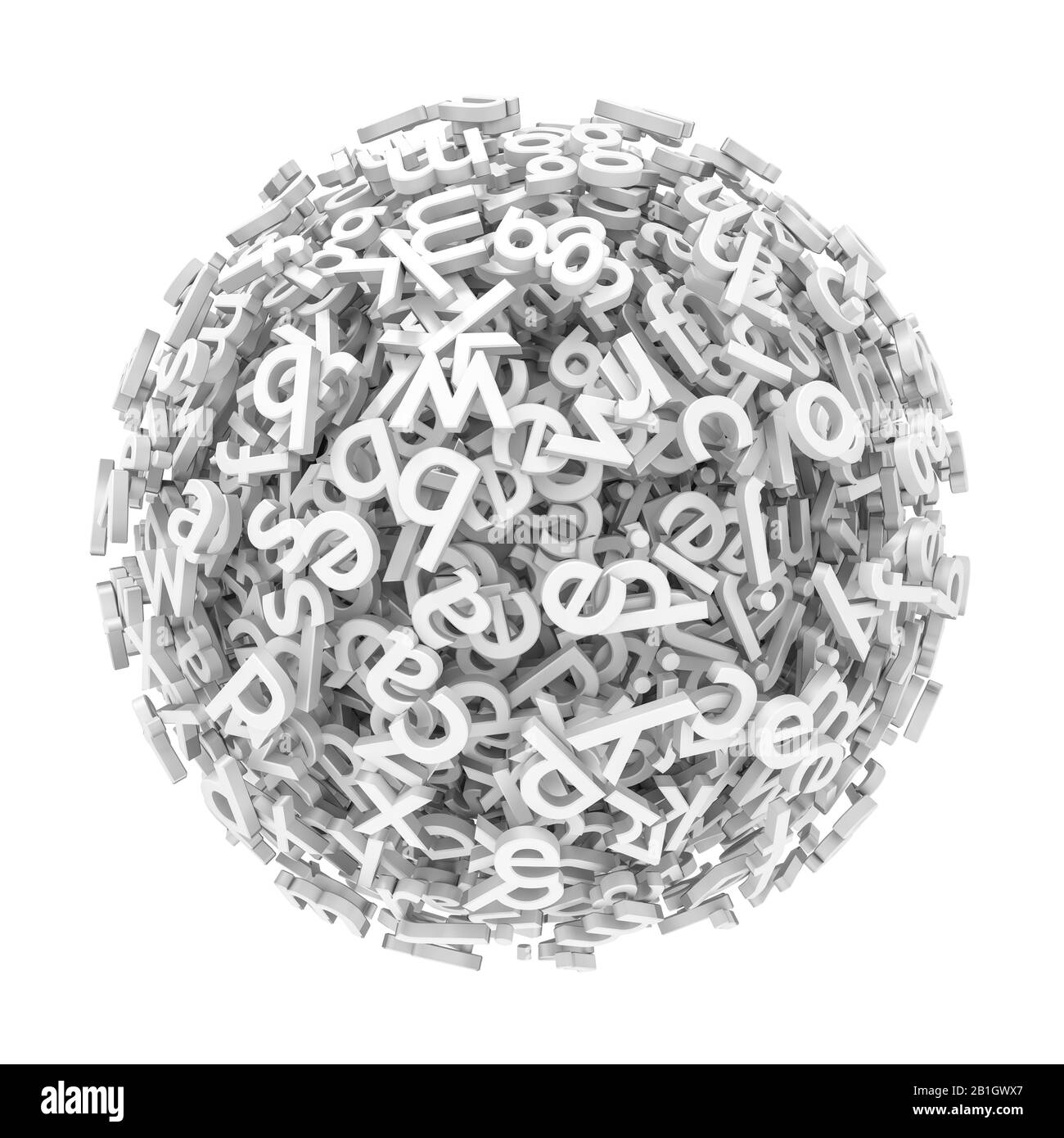 Grafica computerizzata 3D, sfera bianca formata da lettere tridimensionali - comunicazione globale Foto Stock