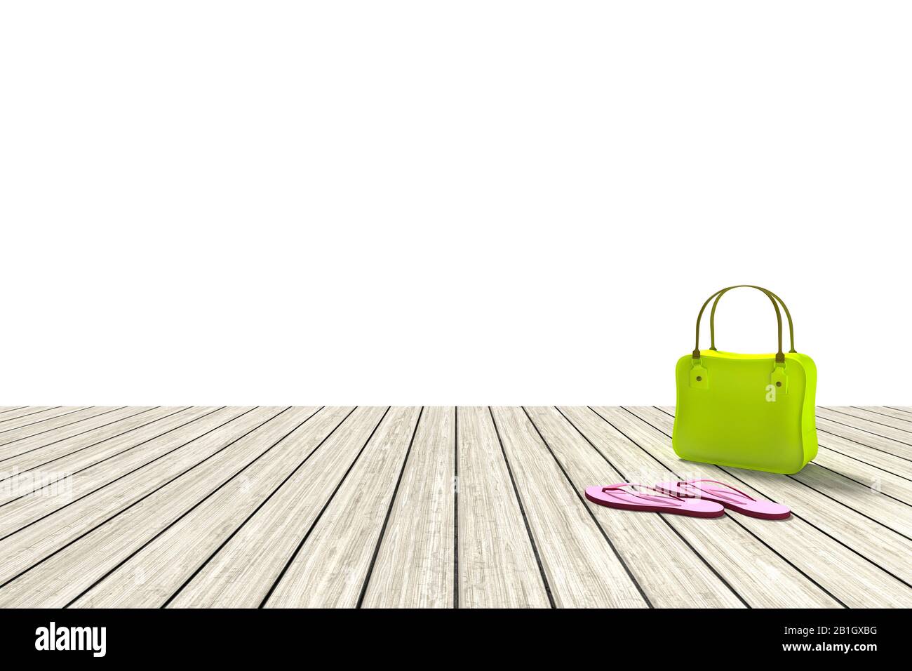 3D computer graphic, Flip-flop e una borsa verde su un pavimento di legno chiaro su sfondo bianco Foto Stock