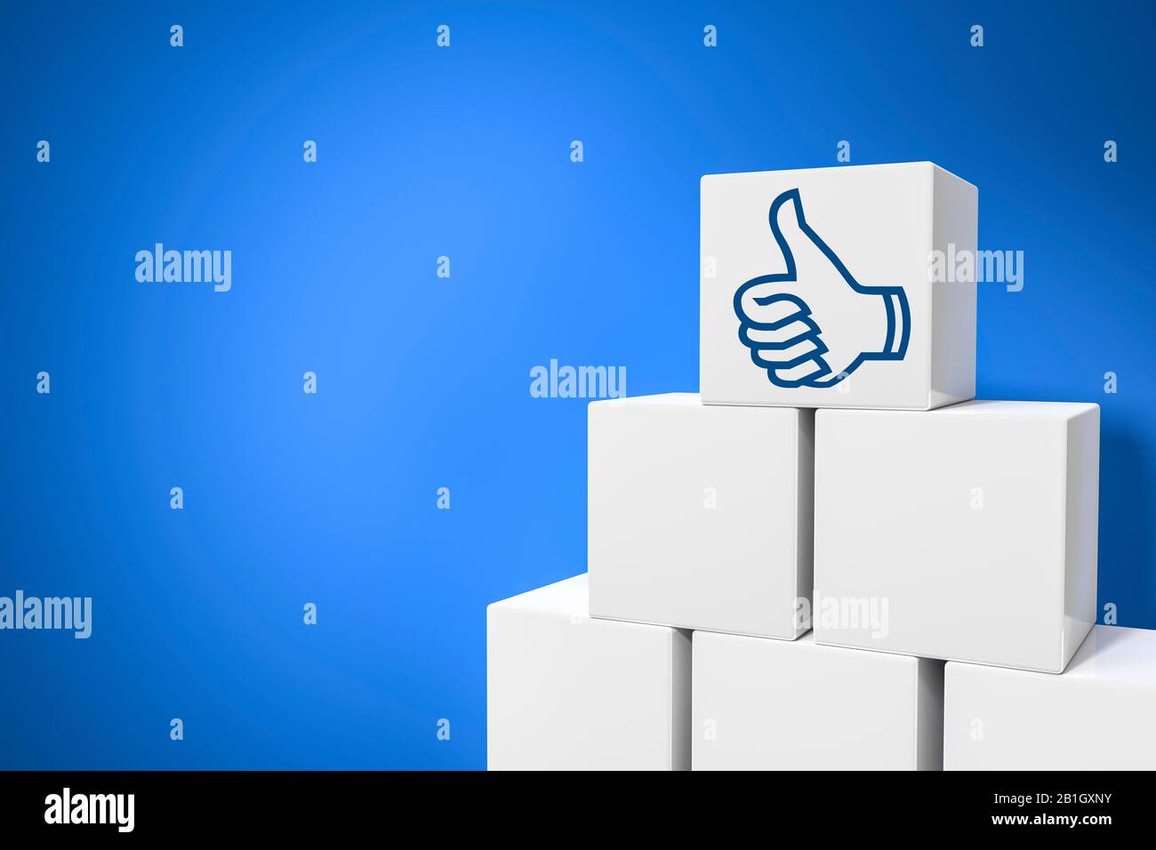 Grafica per computer 3D, stack di caselle bianche con un simbolo di pollice su - Facebook Foto Stock