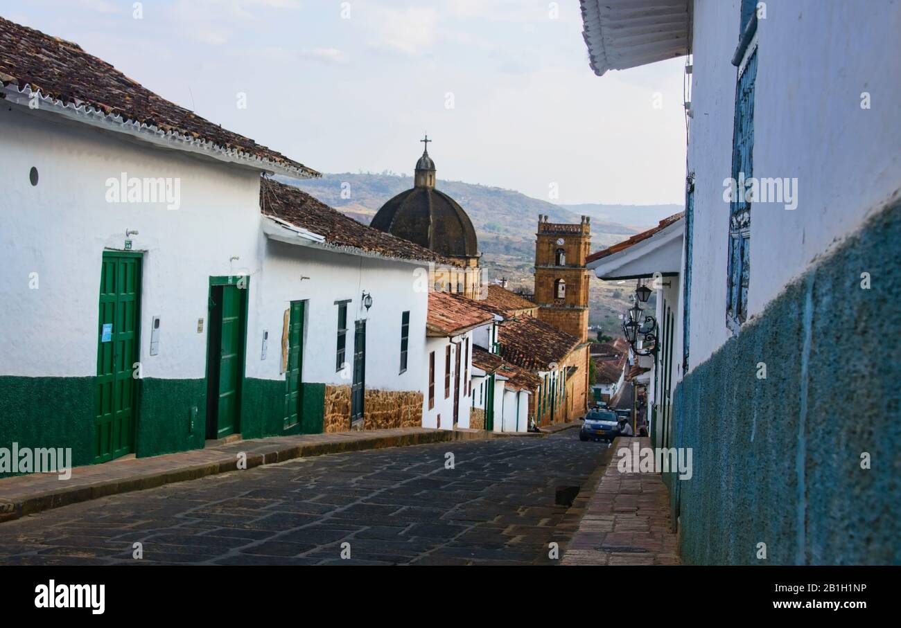 Le affascinanti strade acciottolate del Barichara coloniale, Santander, Colombia Foto Stock
