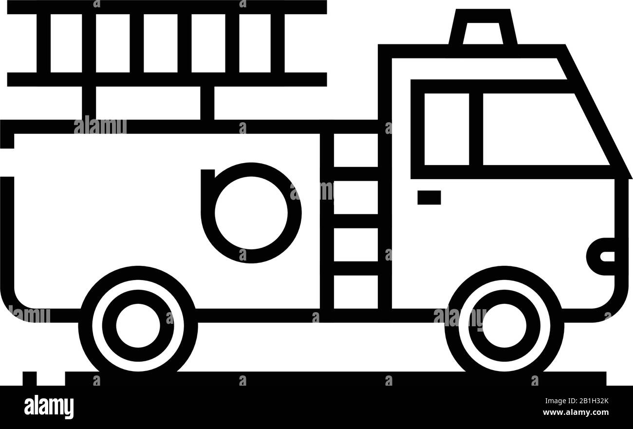 Icona della linea del camion antincendio, simbolo concettuale, illustrazione del vettore di contorno, simbolo lineare. Illustrazione Vettoriale