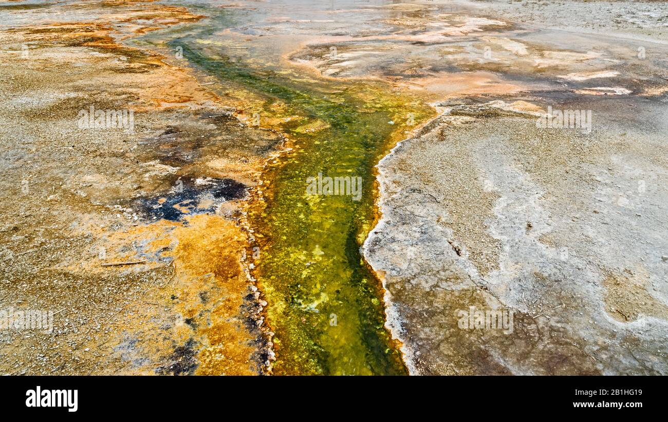 Il deflusso di acqua calda da una sorgente termale calda crea terreno colorato. Foto Stock