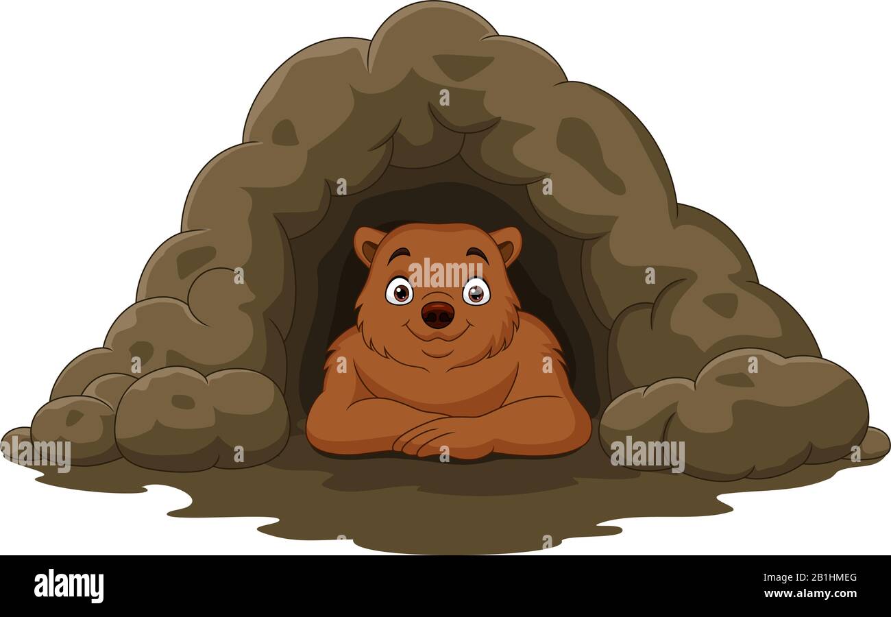 Cartoon orso bruno felice nella grotta Illustrazione Vettoriale