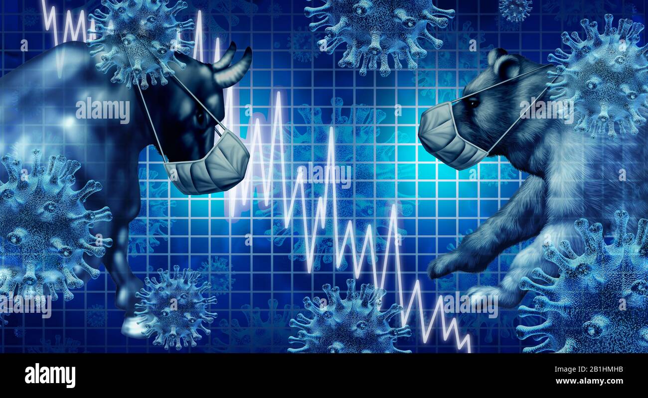 Economia E pandemia Focolaio e Stock mercato virus paura o toro e sopportare la crisi economica e malati di salute finanziaria come un concetto di recessione aziendale. Foto Stock