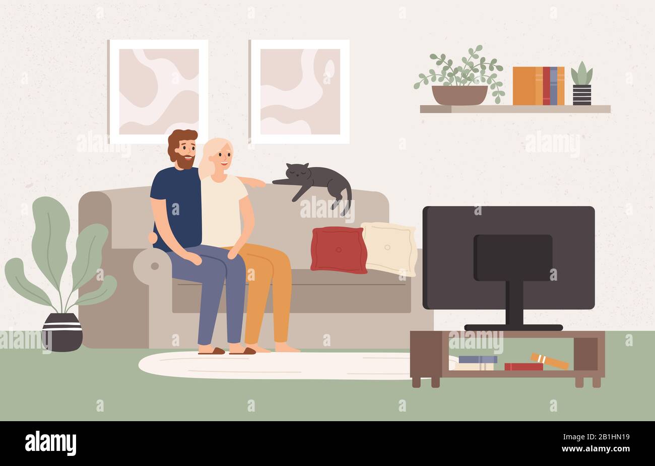 Giovane coppia guardare la tv insieme. Uomo e donna felici seduti sul divano e guardare lo spettacolo televisivo. Illustrazione del vettore notturno del film Illustrazione Vettoriale