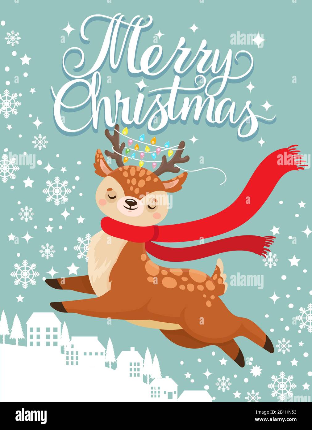 Biglietto d'auguri con capriolo di Natale. Allegra cartolina di natale, cute fawn e vacanze invernali cartone animato vettore illustrazione Illustrazione Vettoriale