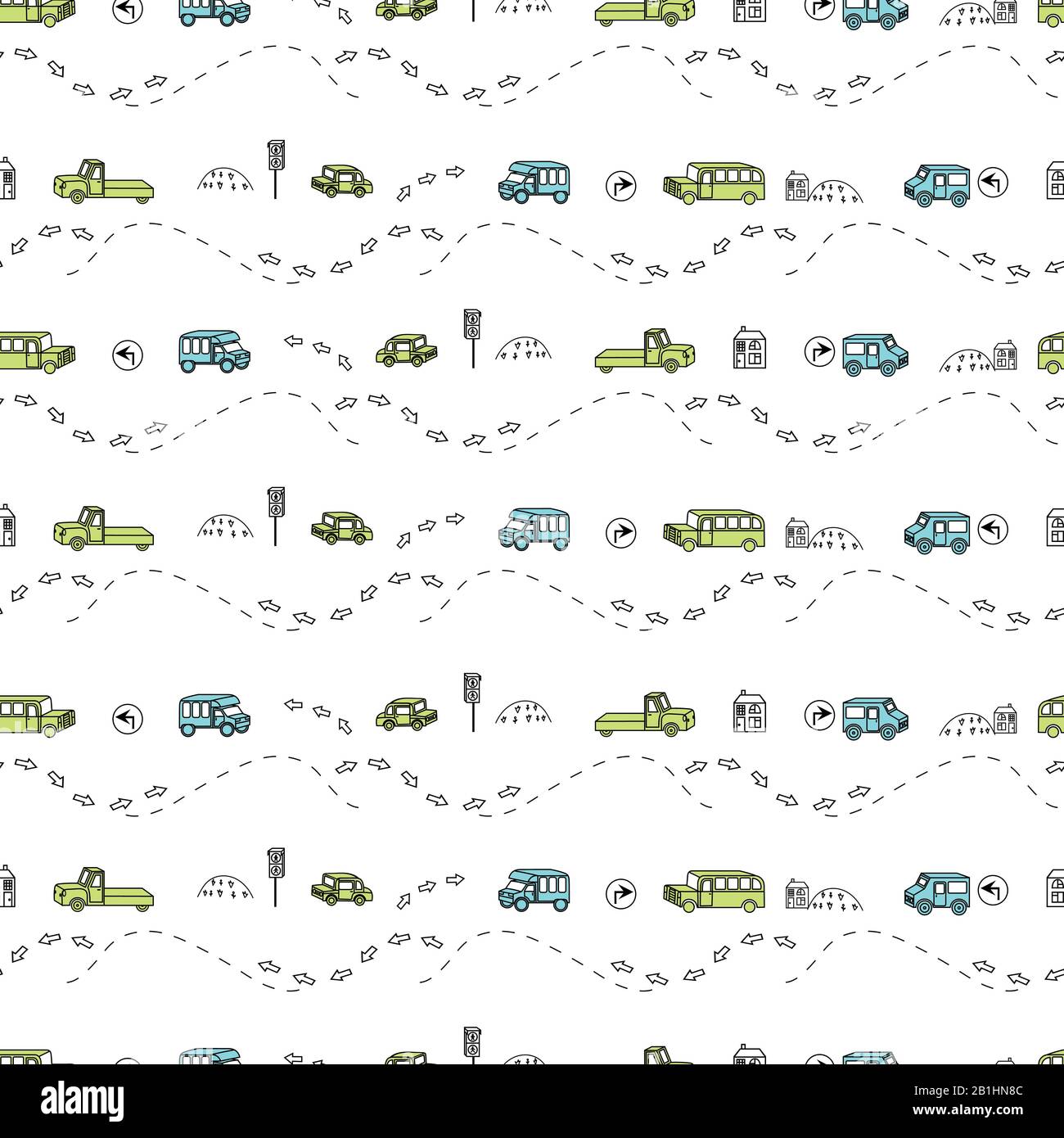 Sfondo colorato senza cuciture con una varietà di veicoli, segnaletica, strada. Illustrazione Vettoriale