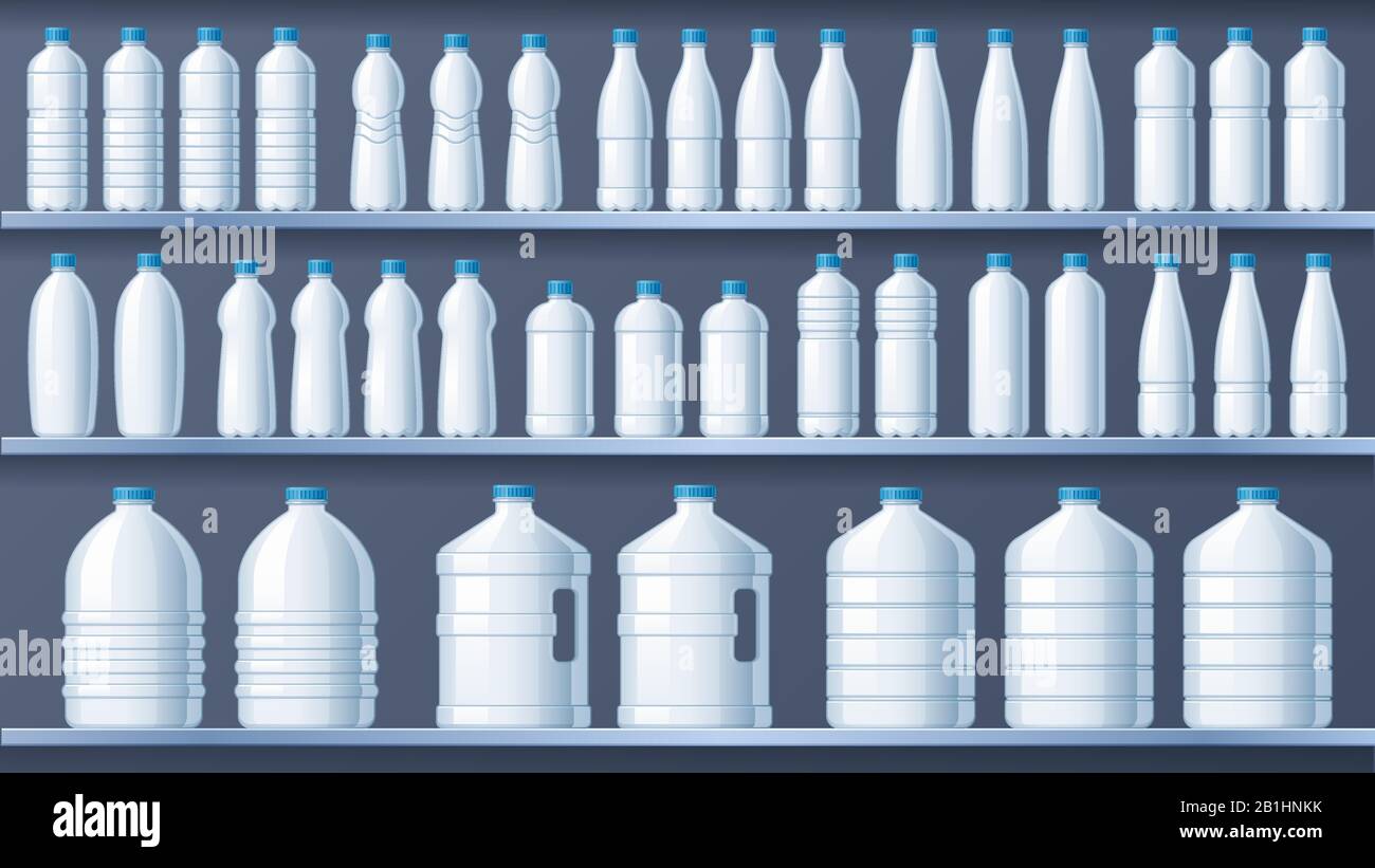 Bottiglie in plastica sui ripiani. Ripiano per acqua distillata in bottiglia, bevande liquide e acqua minerale pura per conservare l'illustrazione vettoriale Illustrazione Vettoriale