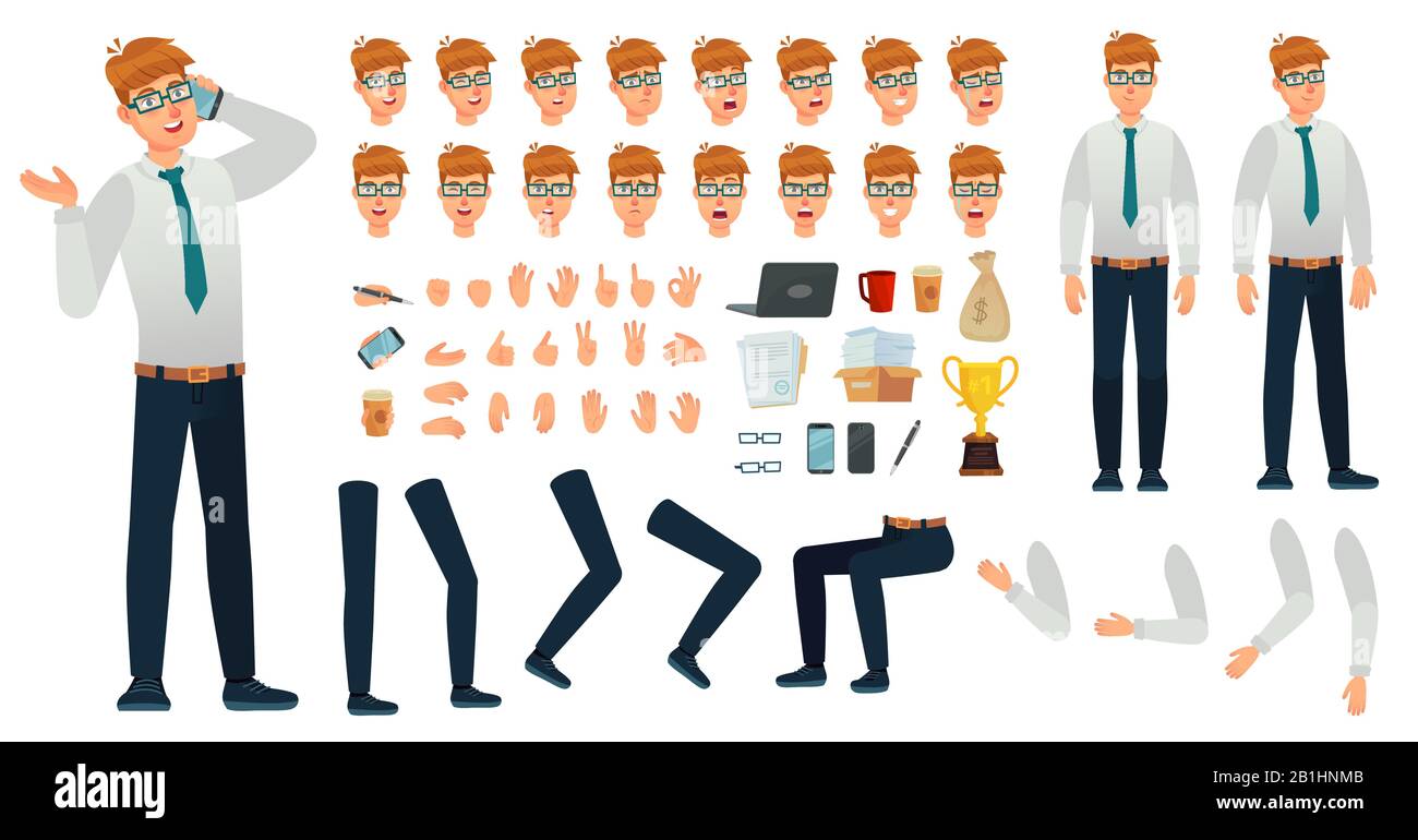 Cartoon manager kit personaggio. Costruttore di creazione di Office Manager, diverse visualizzazioni del corpo, emozioni del viso e set di vettori gestuali Illustrazione Vettoriale