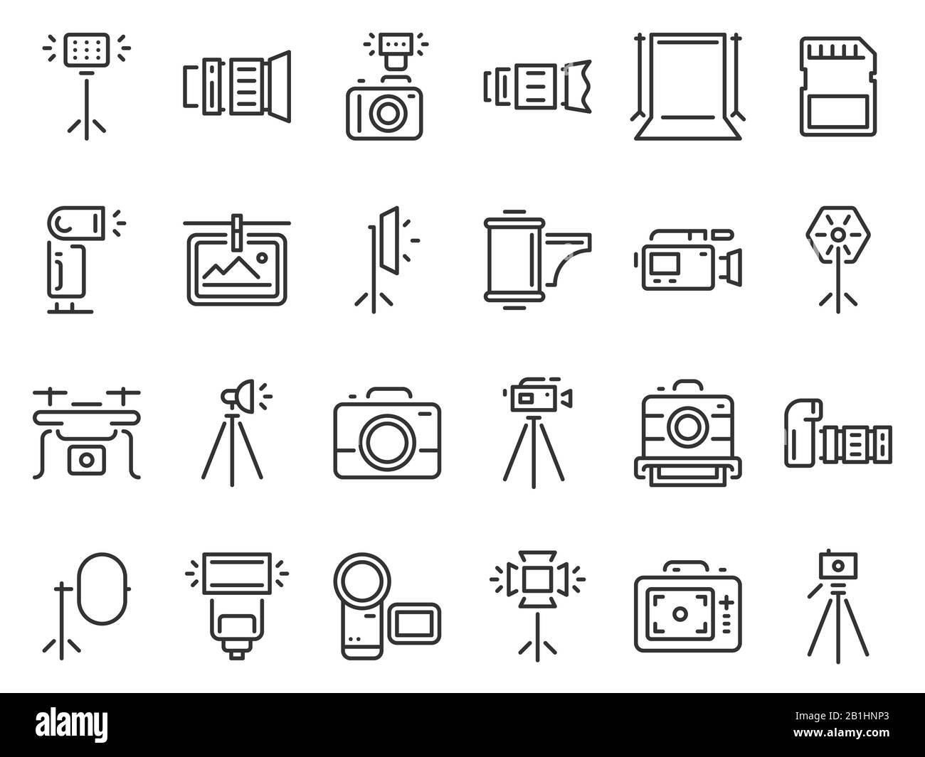 Icone delle foto. Set di icone vettoriali per fotografia in studio, fotocamere e fotocamere su treppiede Illustrazione Vettoriale