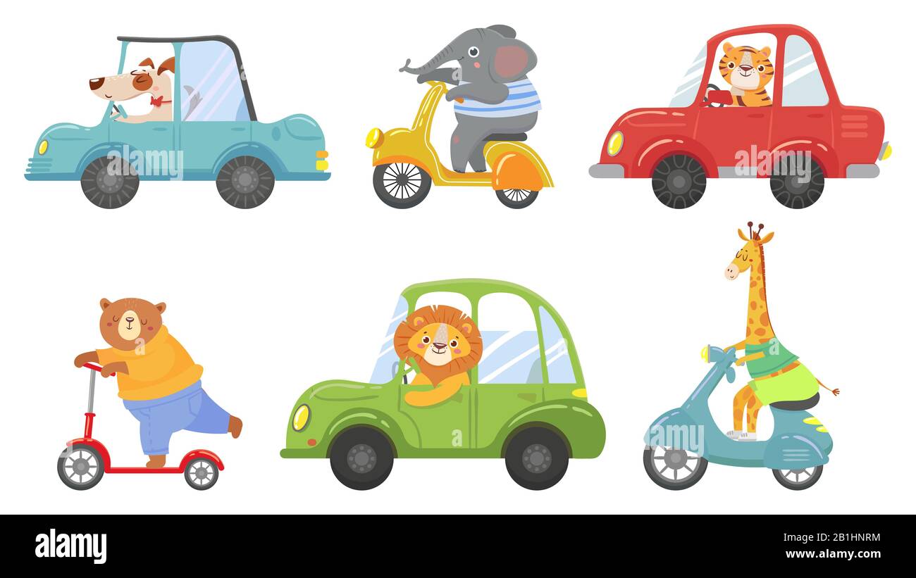 Animali carini durante il trasporto. Animale su scooter, auto guida e zoo viaggio cartone animato vettore illustrazione set Illustrazione Vettoriale