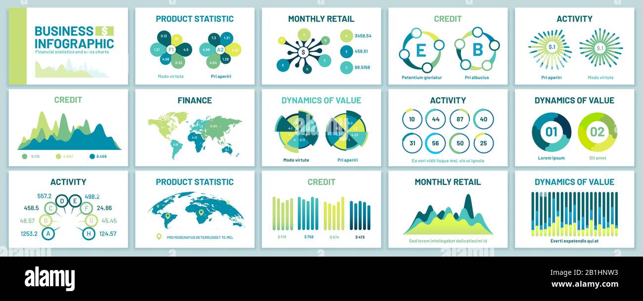 Grafici infografici per la presentazione. Modello di presentazioni aziendali, grafici grafici di marketing e set di vettori di report finanziari Illustrazione Vettoriale