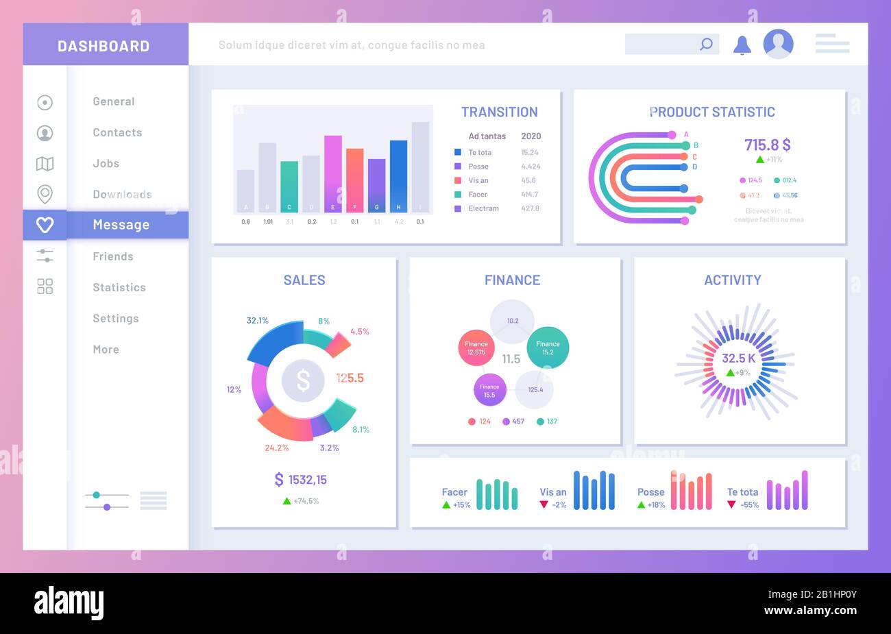 interfaccia utente del dashboard. Grafici statistici, diagrammi di dati e diagrammi illustrazione vettoriale del modello infografico Illustrazione Vettoriale