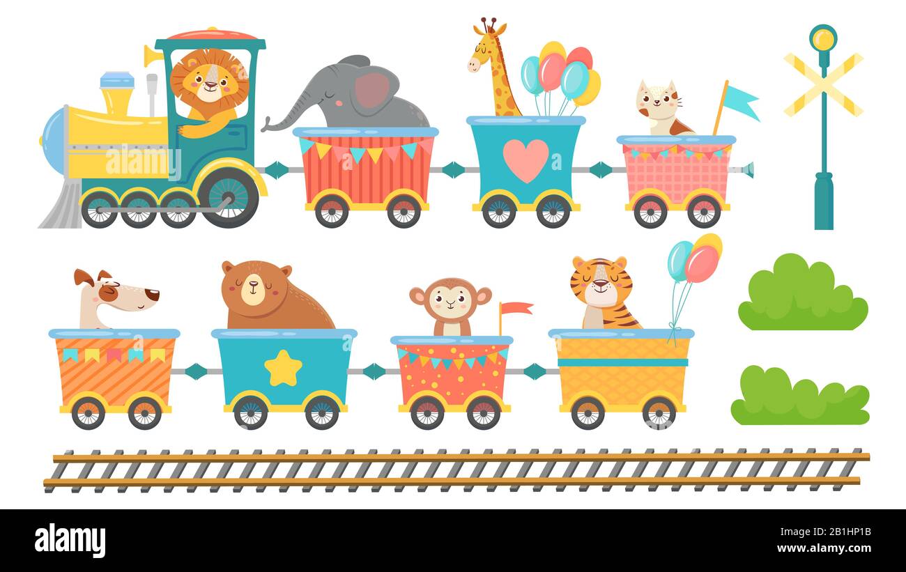 Animali carini in treno. Animale felice in macchina ferroviaria, piccoli animali domestici cavalcano su locomotiva giocattolo vettore cartone illustrazione set Illustrazione Vettoriale