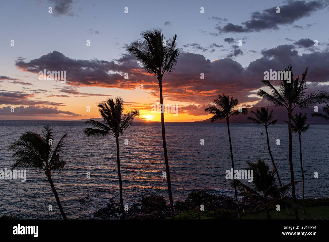 Tramonto panoramico da un tetto di un edificio sulla spiaggia di Karaoke II, Kihei, Maui, Hawaii. Un colorato tramonto di colori giallo e arancione con alte palme a Foto Stock