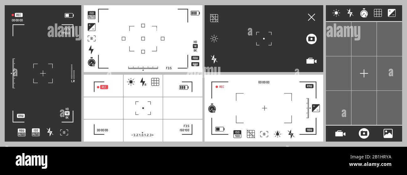 Mirino della fotocamera. Registrazione video, interfaccia utente dell'applicazione di fotografia per smartphone e cornice di messa a fuoco per la regolazione. Set vettore impostazioni esposizione Illustrazione Vettoriale
