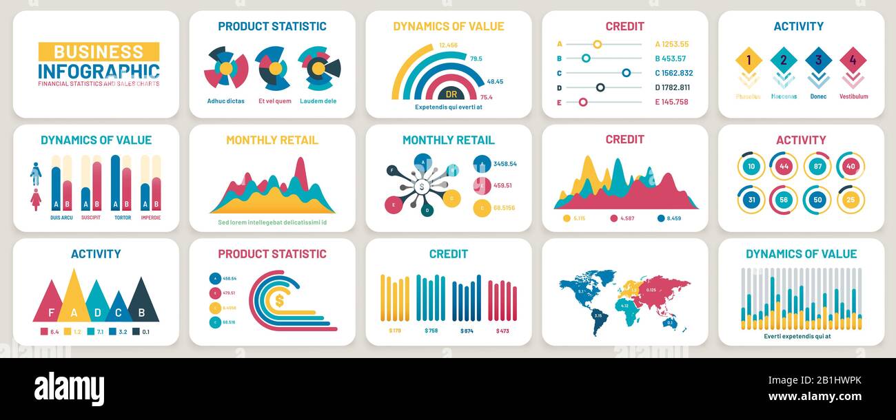 Grafici di presentazione di affari. Rapporti finanziari, grafici di dati di marketing e set di vettori di modelli infografici Illustrazione Vettoriale