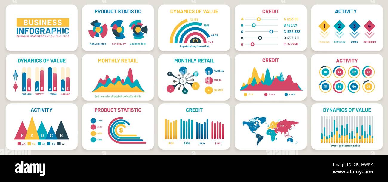 Grafici di presentazione di affari. Rapporti finanziari, grafici di dati di marketing e set di vettori di modelli infografici Illustrazione Vettoriale