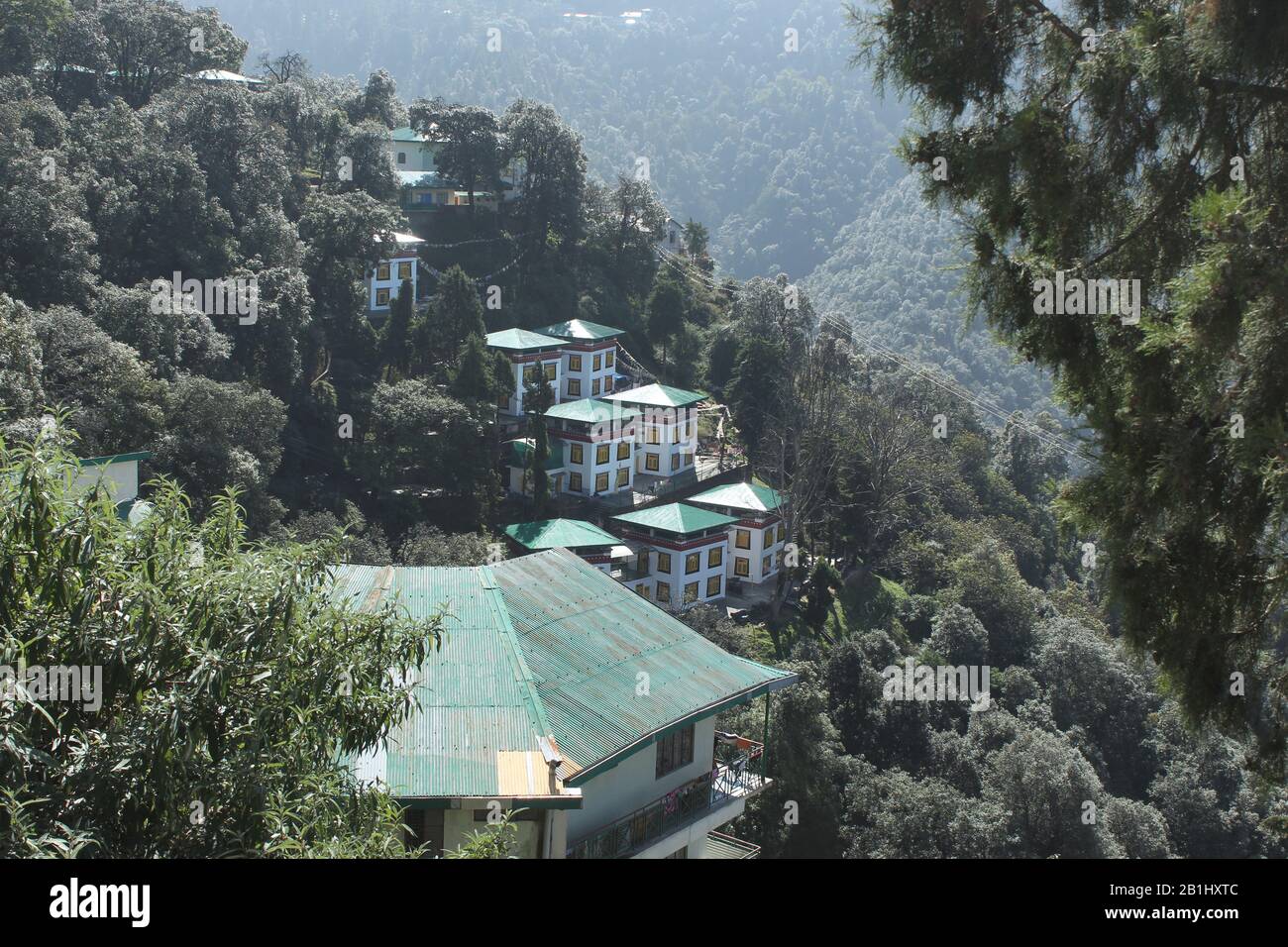 Vista dell'Hotel Omkar e della fitta foresta da Shedup Choepelling Tempio buddista, Mussoorie, Uttarakhand, India Foto Stock