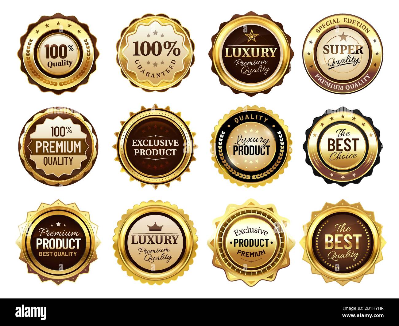 Distintivi dorati di lusso. Francobollo di alta qualità, etichette in oro e set di illustrazioni vettoriali per badge di alta qualità Illustrazione Vettoriale