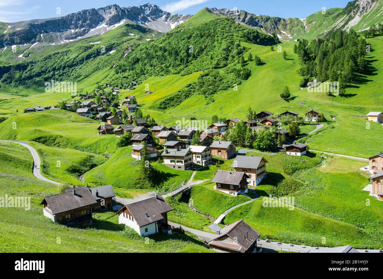 Veduta aerea sul villaggio di Malbun del Liechtenstein. Foto Stock