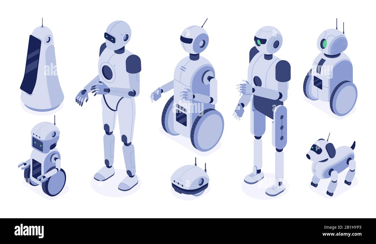 Robot isometrici. Macchine robotizzate digitali, sviluppo futuristico android e set di illustrazioni vettoriali per robot 3d Illustrazione Vettoriale